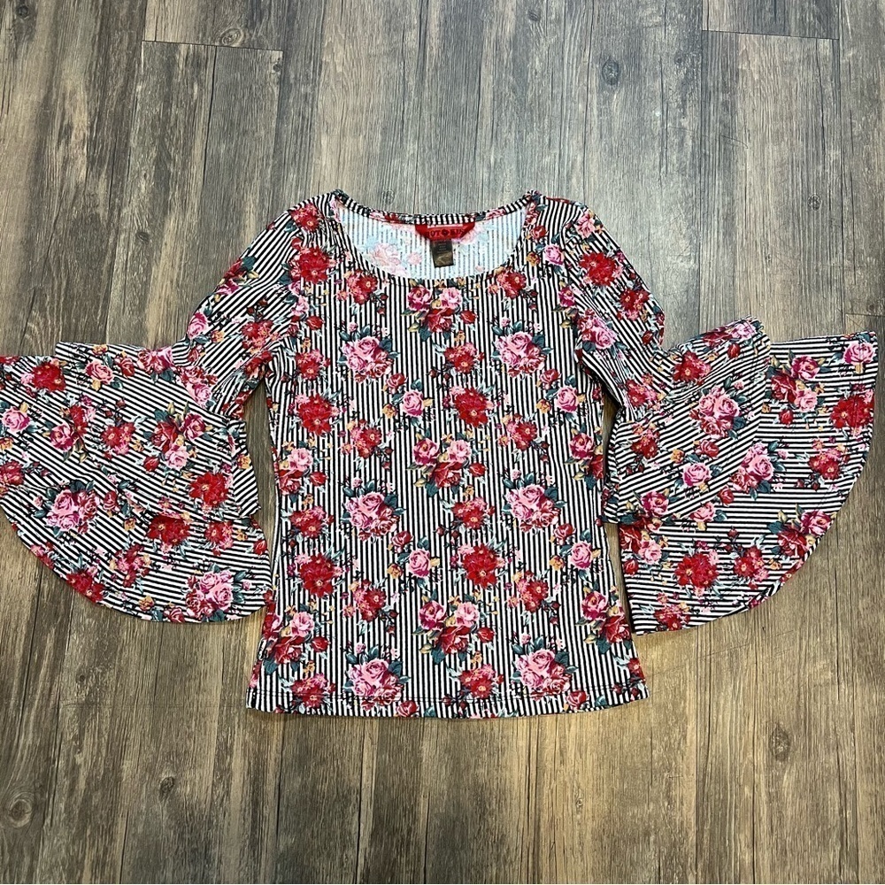 Hot Kiss Floral Fitted Sweetheart Neck Double Ruffled Bell 1/4 Long Sleeves S - Picture 3 of 9